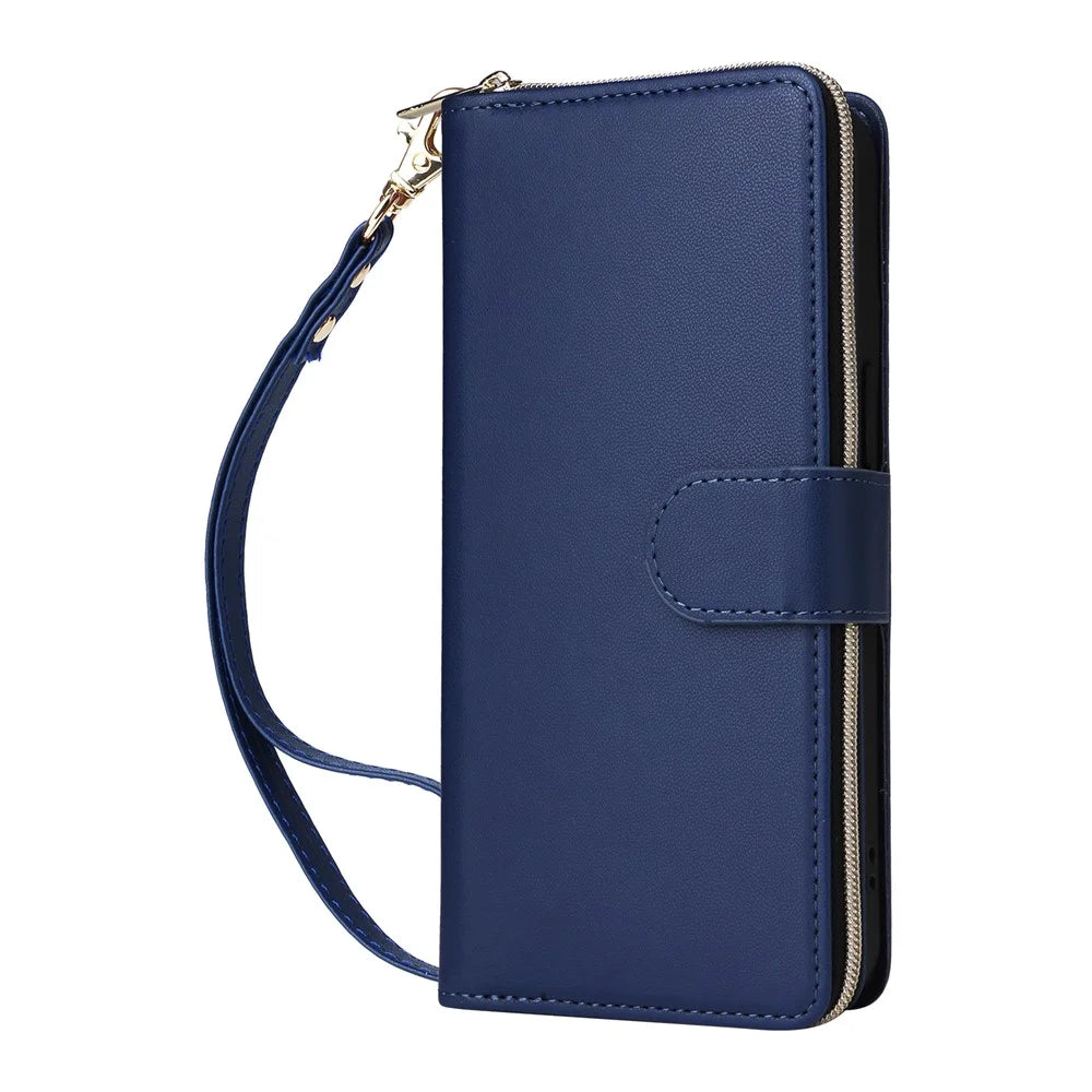 R20 For iPhone 13 Pro Case Zipper Pocket PU Leather Cover with 9 Card Slots - Blue - 6