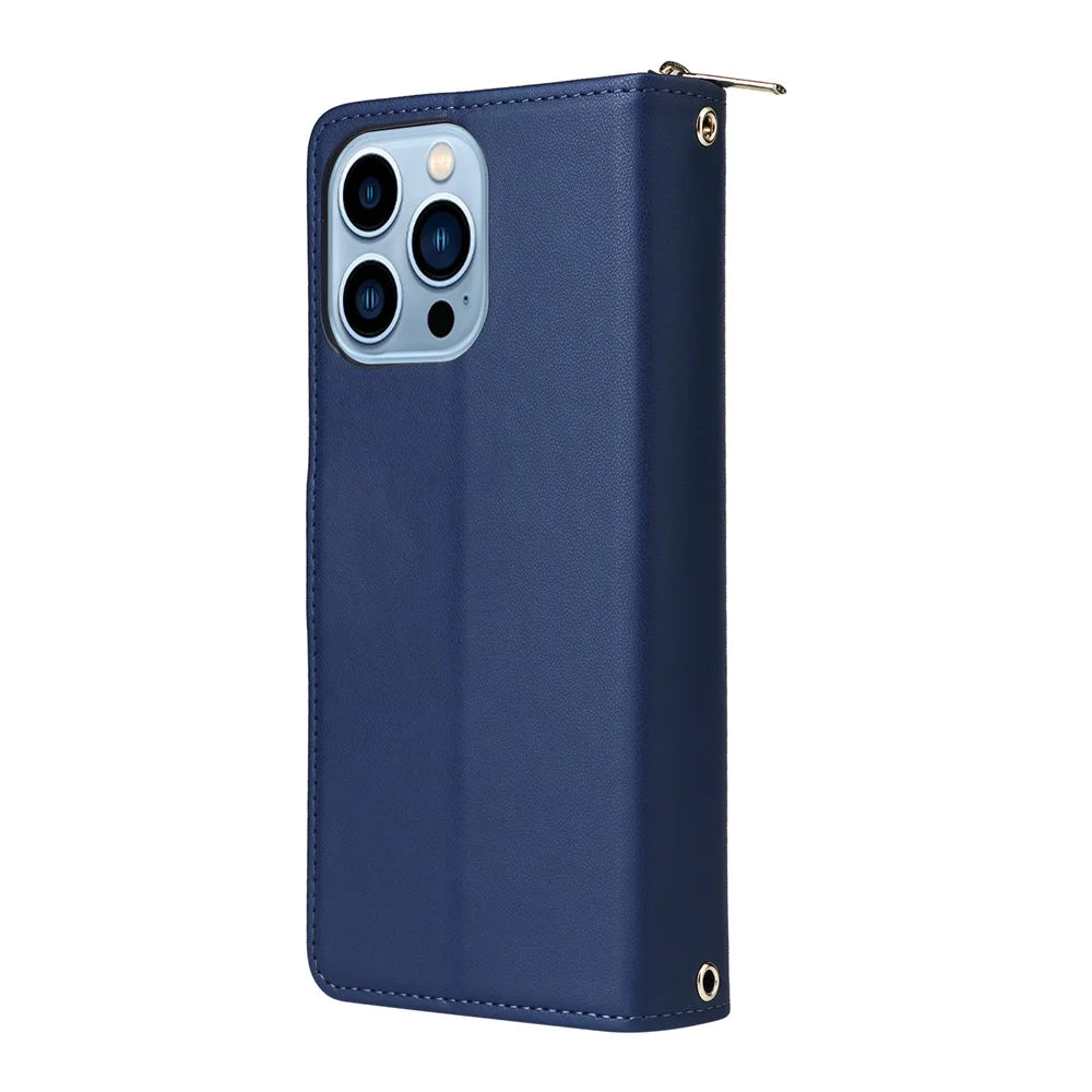 R20 For iPhone 13 Pro Case Zipper Pocket PU Leather Cover with 9 Card Slots - Blue - 7
