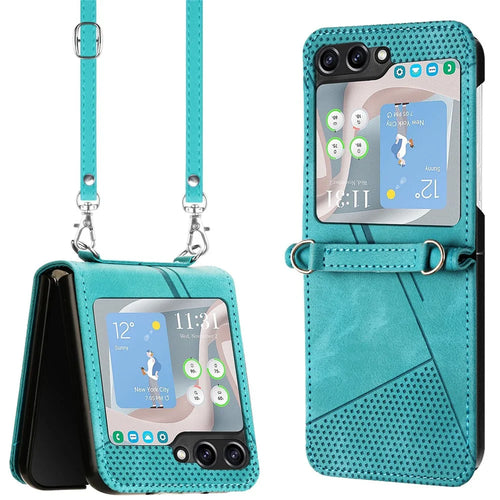 For Samsung Galaxy Z Flip7 FE 5G / Z Flip6 5G / Z Flip5 5G Case Triangle Patterns PU Leather Hard PC Crossbody Phone Cover - Green - 1
