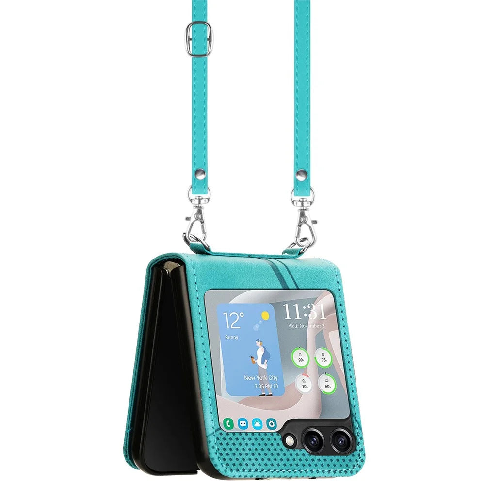 For Samsung Galaxy Z Flip7 FE 5G / Z Flip6 5G / Z Flip5 5G Case Triangle Patterns PU Leather Hard PC Crossbody Phone Cover - Green - 2
