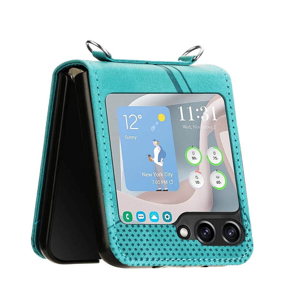 For Samsung Galaxy Z Flip7 FE 5G / Z Flip6 5G / Z Flip5 5G Case Triangle Patterns PU Leather Hard PC Crossbody Phone Cover - Green - 6