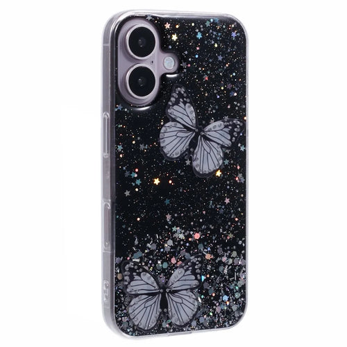 AW Series For iPhone 16 Plus Case Epoxy PVC Butterfly TPU Aesthetics Phone Cover - Black - 1