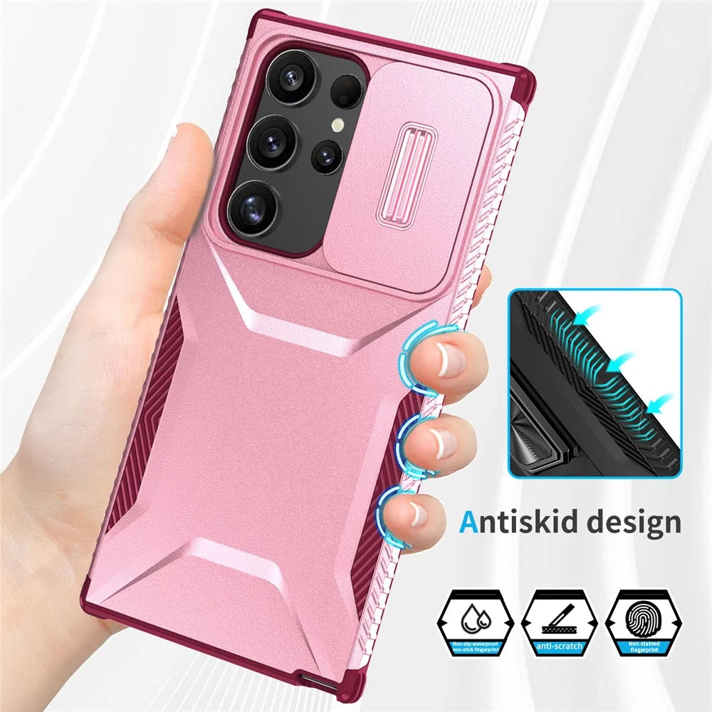 For Samsung Galaxy S24 Ultra Case with Slide Camera Guard PC+TPU Anti-Slip Phone Cover - Pink / Wine Red - 4
