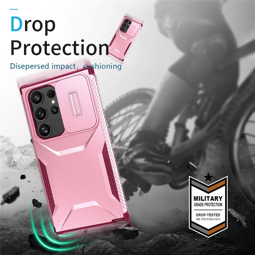 For Samsung Galaxy S24 Ultra Case with Slide Camera Guard PC+TPU Anti-Slip Phone Cover - Pink / Wine Red - 6