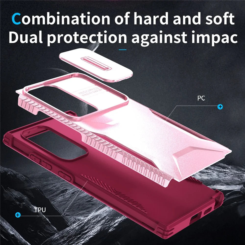 For Samsung Galaxy S24 Ultra Case with Slide Camera Guard PC+TPU Anti-Slip Phone Cover - Pink / Wine Red - 7