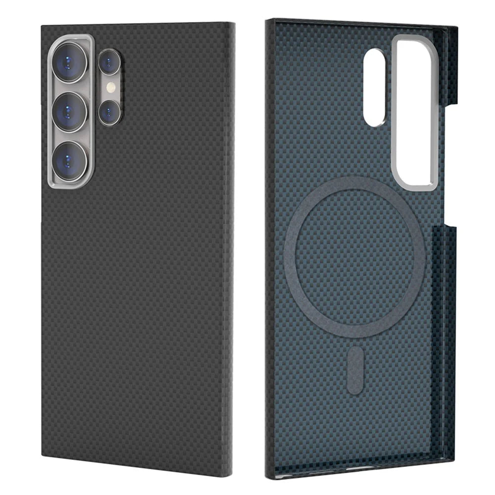 For Samsung Galaxy S24 Ultra Magnetic Case Carbon Fiber Pattern Hard PC Phone Cover - Black / Blue - 1