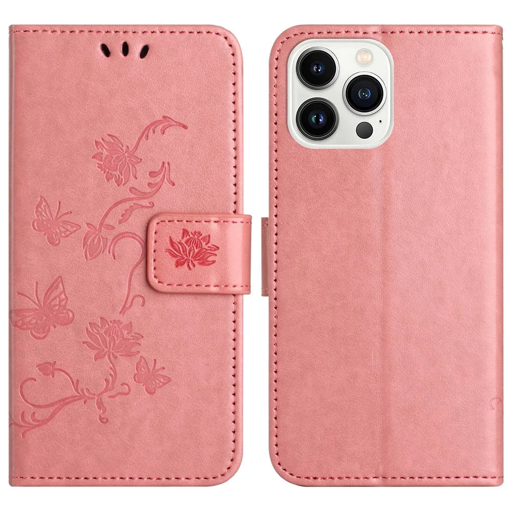 For iPhone 16 Pro Case PU Leather Wallet Phone Cover Butterfly Flower Pattern - Pink - 1