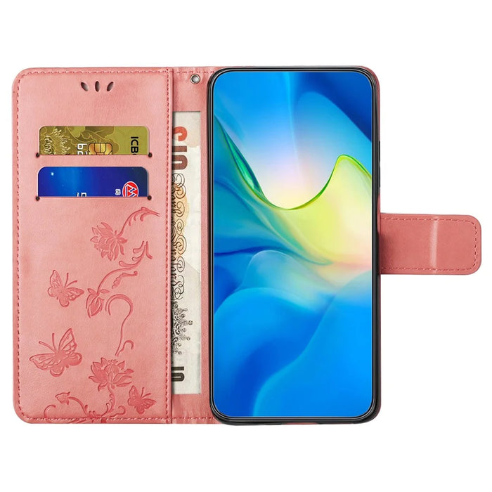 For iPhone 16 Pro Case PU Leather Wallet Phone Cover Butterfly Flower Pattern - Pink - 2