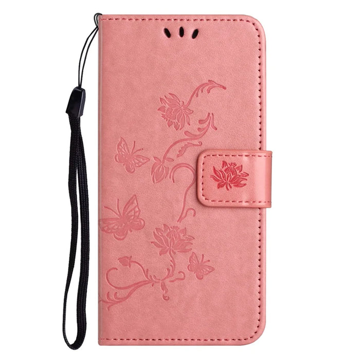 For iPhone 16 Pro Case PU Leather Wallet Phone Cover Butterfly Flower Pattern - Pink - 4