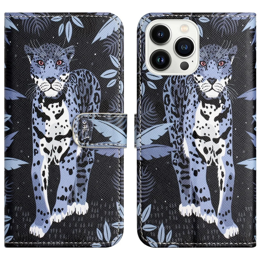 For iPhone 16 Pro Leather Phone Case Cross Texture Pattern Printing - Leopard - 1