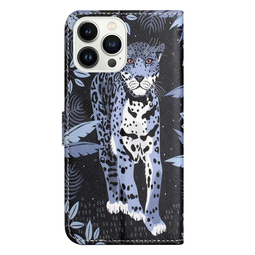 For iPhone 16 Pro Leather Phone Case Cross Texture Pattern Printing - Leopard - 5