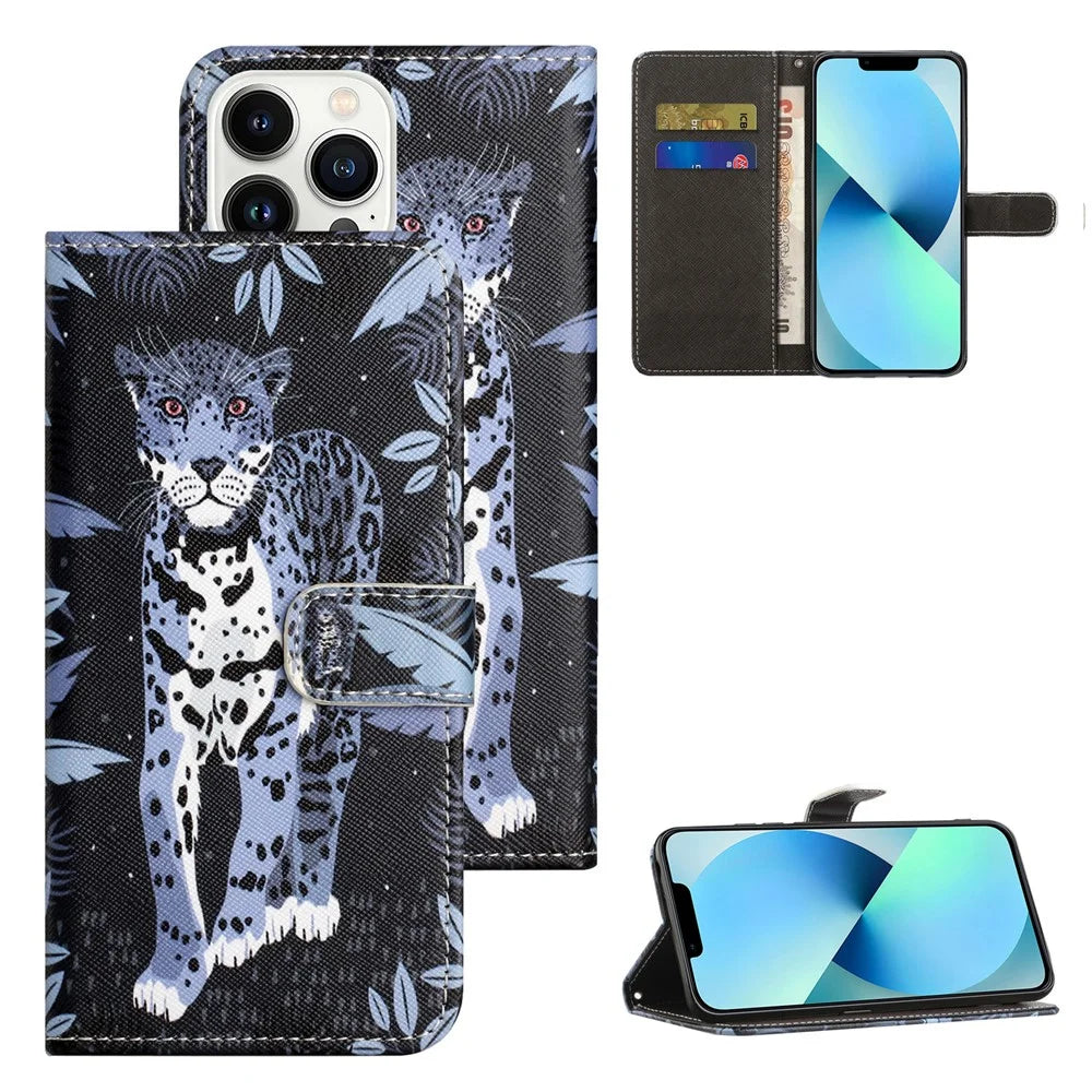 For iPhone 16 Pro Leather Phone Case Cross Texture Pattern Printing - Leopard - 6