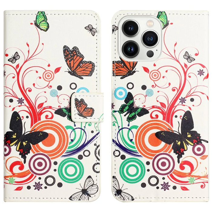 For iPhone 16 Pro Case Pattern Print PU Leather Wallet Flip Phone Cover - White / Butterflies - 1