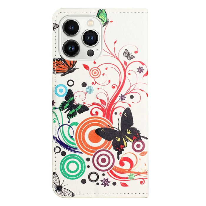 For iPhone 16 Pro Case Pattern Print PU Leather Wallet Flip Phone Cover - White / Butterflies - 5