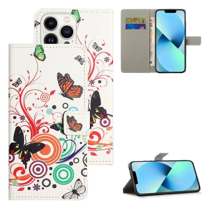 For iPhone 16 Pro Case Pattern Print PU Leather Wallet Flip Phone Cover - White / Butterflies - 6