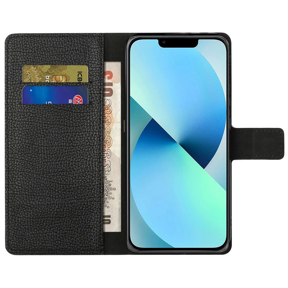 For iPhone 16 Pro Case Wallet Card Slots Leather Phone Cover Litchi Texture - Black - 2