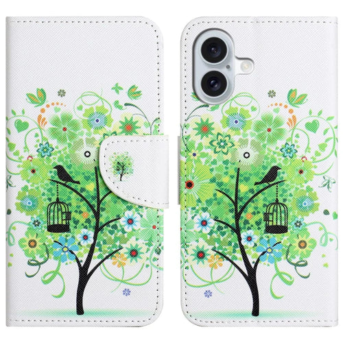 For iPhone 16 Case Pattern Printing PU Leather Wallet Phone Cover Stand View - Green Tree - 1