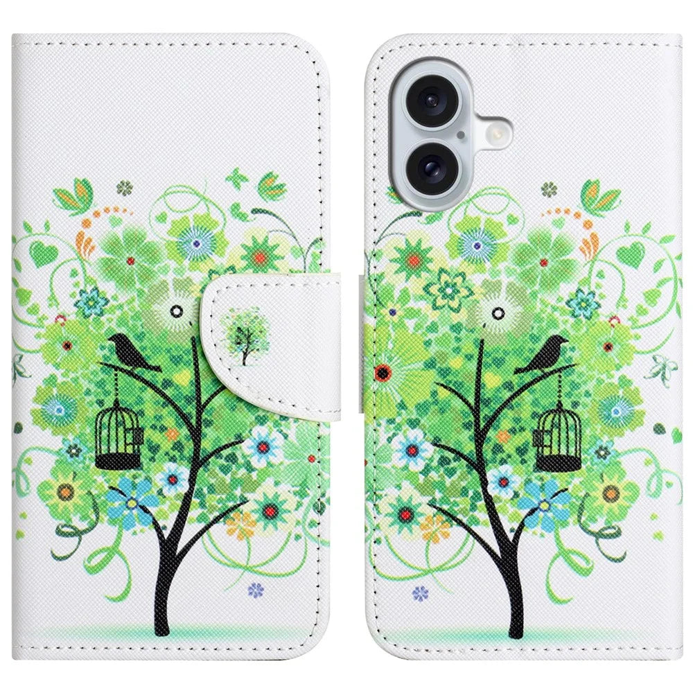 For iPhone 16 Case Pattern Printing PU Leather Wallet Phone Cover Stand View - Green Tree - 1