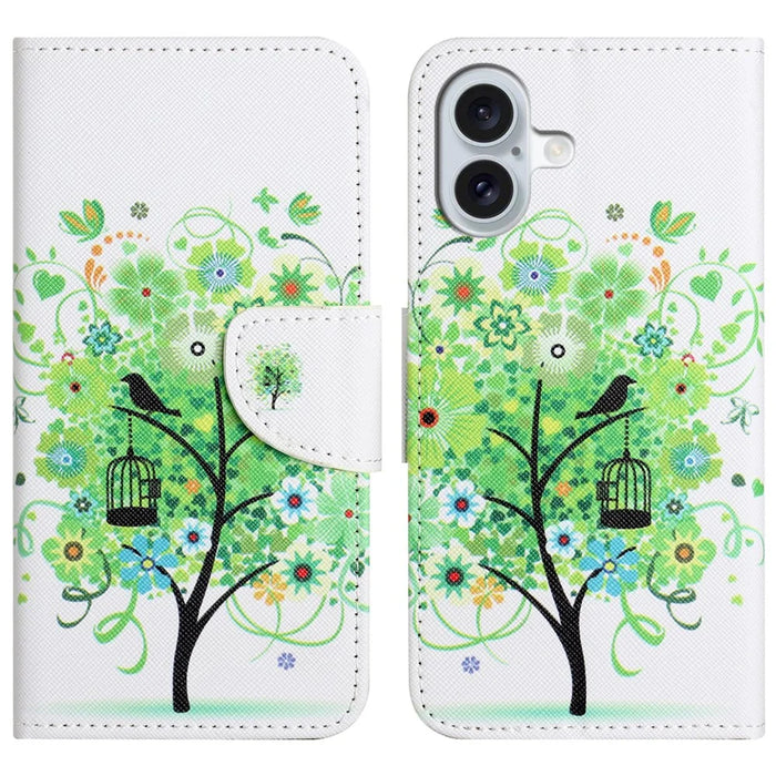 For iPhone 16 Case Pattern Printing PU Leather Wallet Phone Cover Stand View - Green Tree - 1