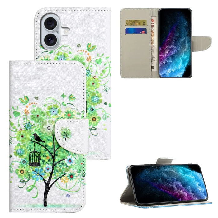 For iPhone 16 Case Pattern Printing PU Leather Wallet Phone Cover Stand View - Green Tree - 6