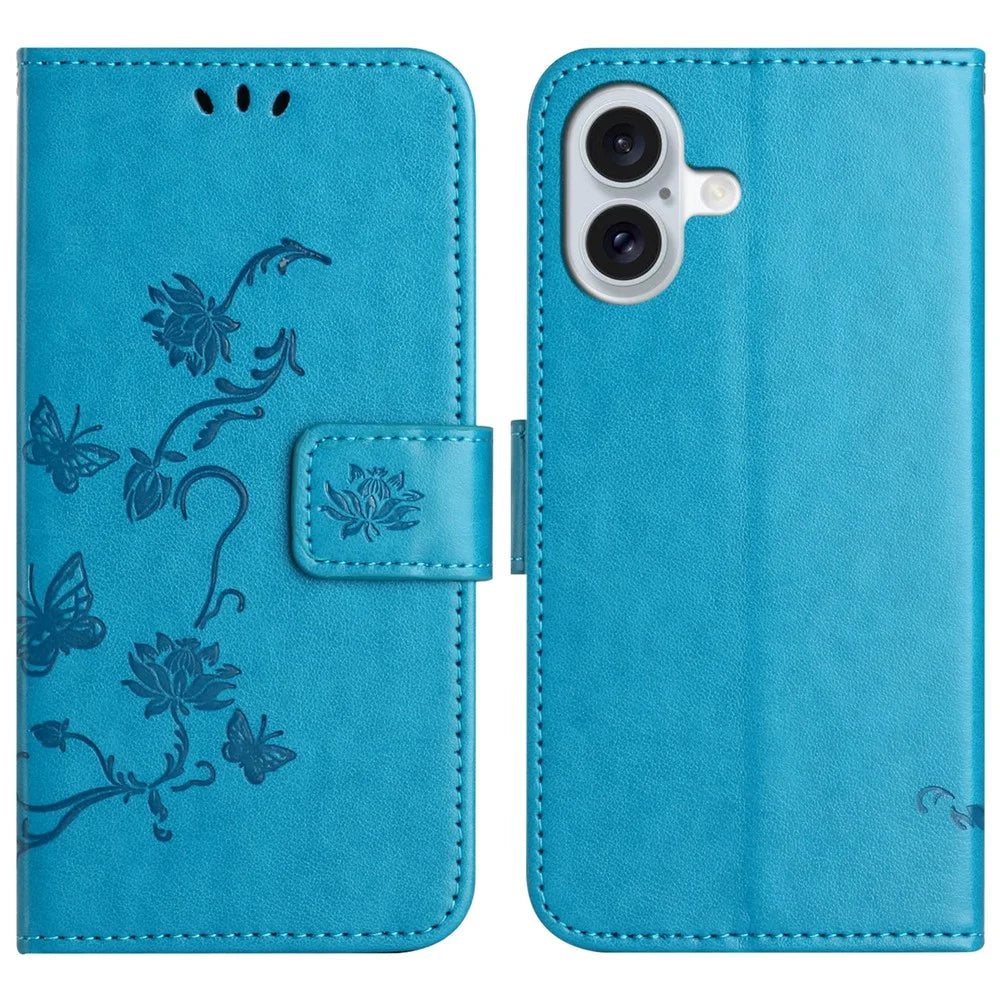 For iPhone 16 Case Wallet Stand PU Leather Butterfly Flower Phone Cover - Blue - 1