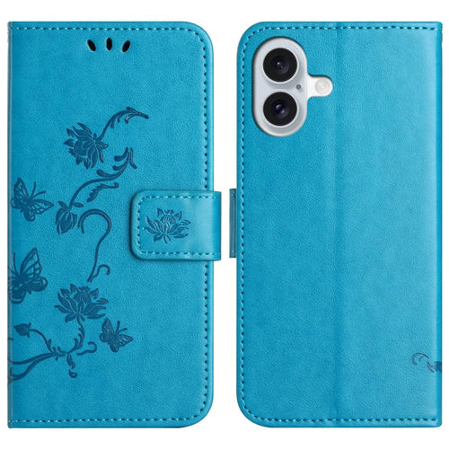For iPhone 16 Case Wallet Stand PU Leather Butterfly Flower Phone Cover - Blue - 1