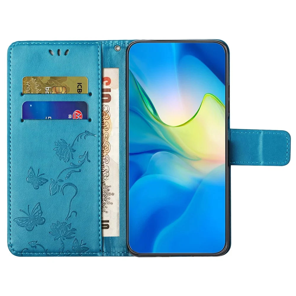 For iPhone 16 Case Wallet Stand PU Leather Butterfly Flower Phone Cover - Blue - 2