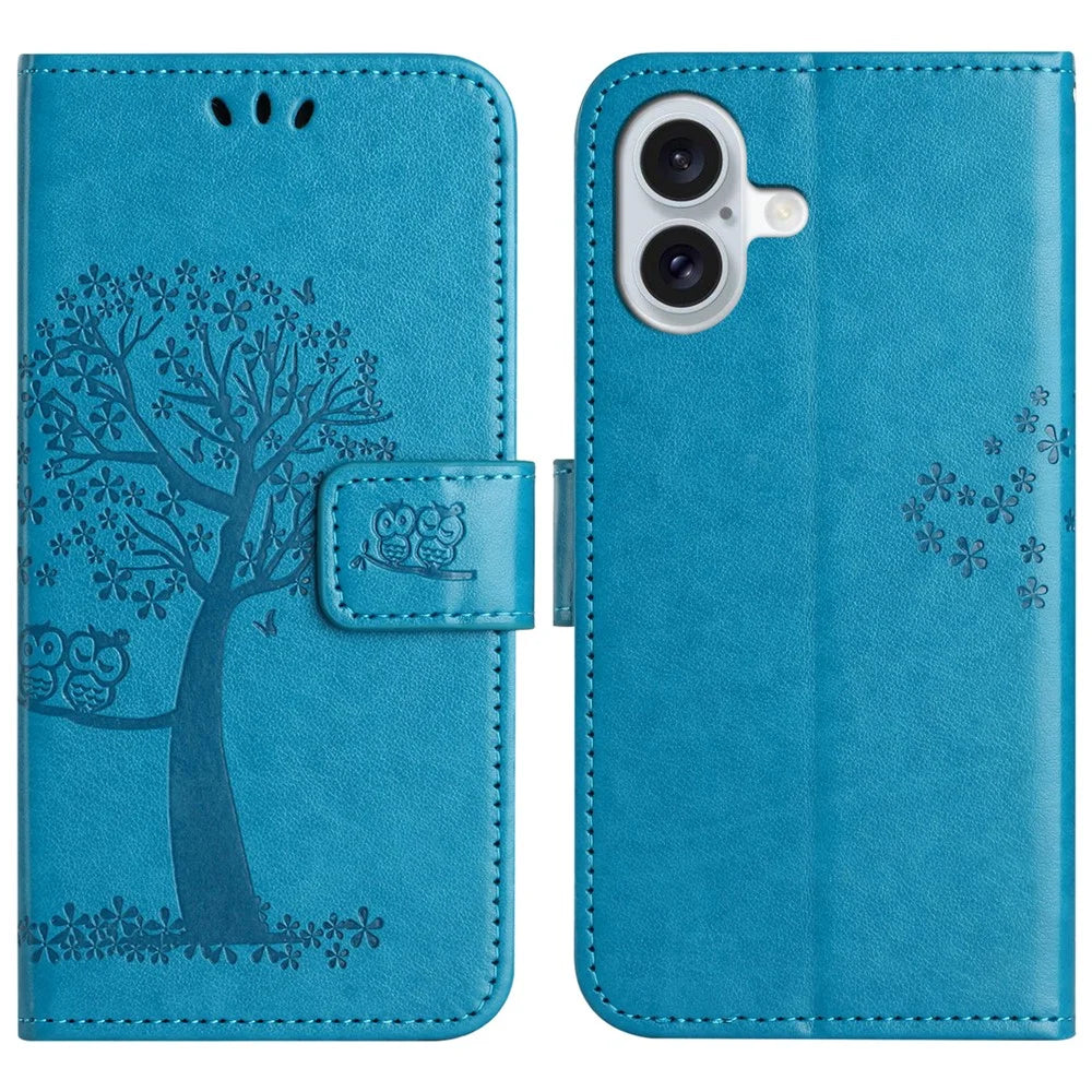 For iPhone 16 Case Wallet PU Leather Protective Phone Cover Owl Tree Pattern - Blue - 1