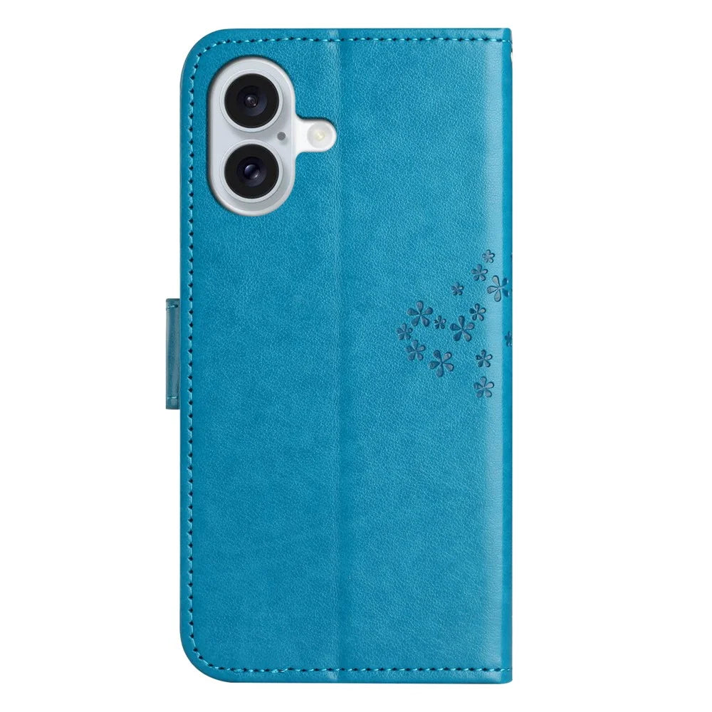 For iPhone 16 Case Wallet PU Leather Protective Phone Cover Owl Tree Pattern - Blue - 5