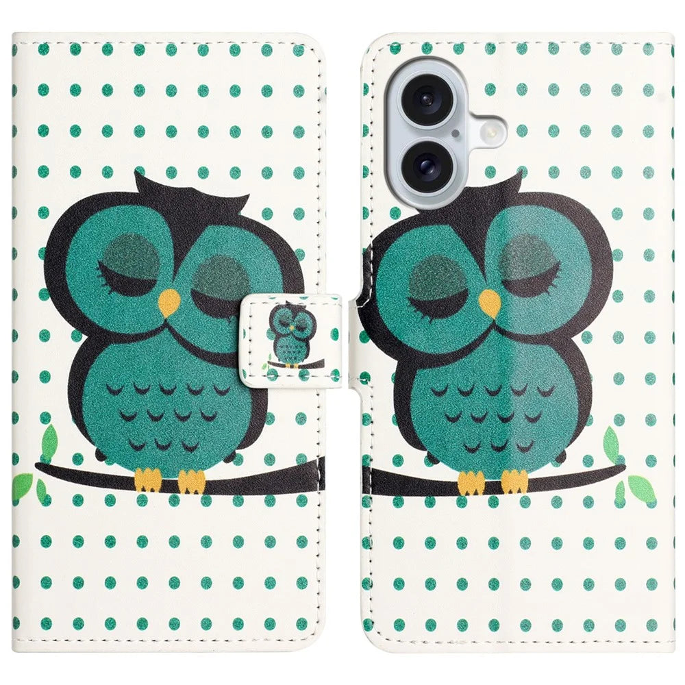 For iPhone 16 Case Pattern Print Leather Phone Cover with Wallet Stand - Dots / Owl - 1