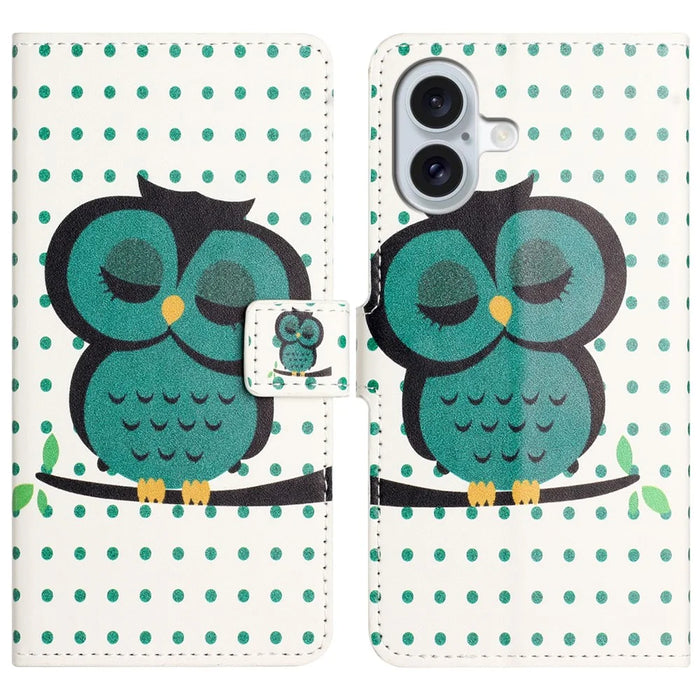 For iPhone 16 Case Pattern Print Leather Phone Cover with Wallet Stand - Dots / Owl - 1
