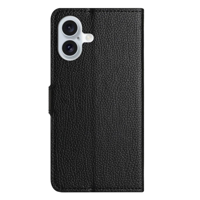 For iPhone 16 Case Litchi Texture PU Leather Wallet Folio Flip Phone Cover - Black - 5