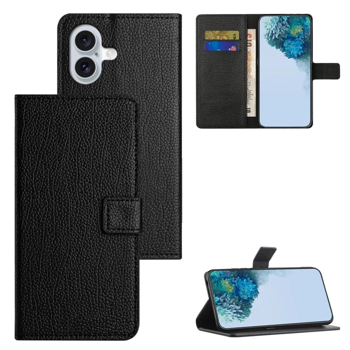 For iPhone 16 Case Litchi Texture PU Leather Wallet Folio Flip Phone Cover - Black - 6