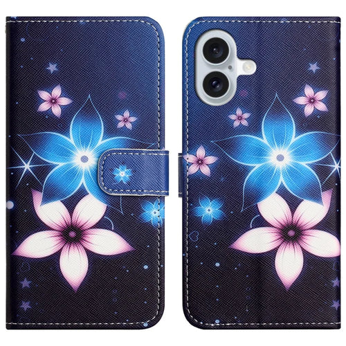 For iPhone 16 Case Pattern Print PU Leather Wallet Phone Cover Cross Texture - Blue Flower - 1