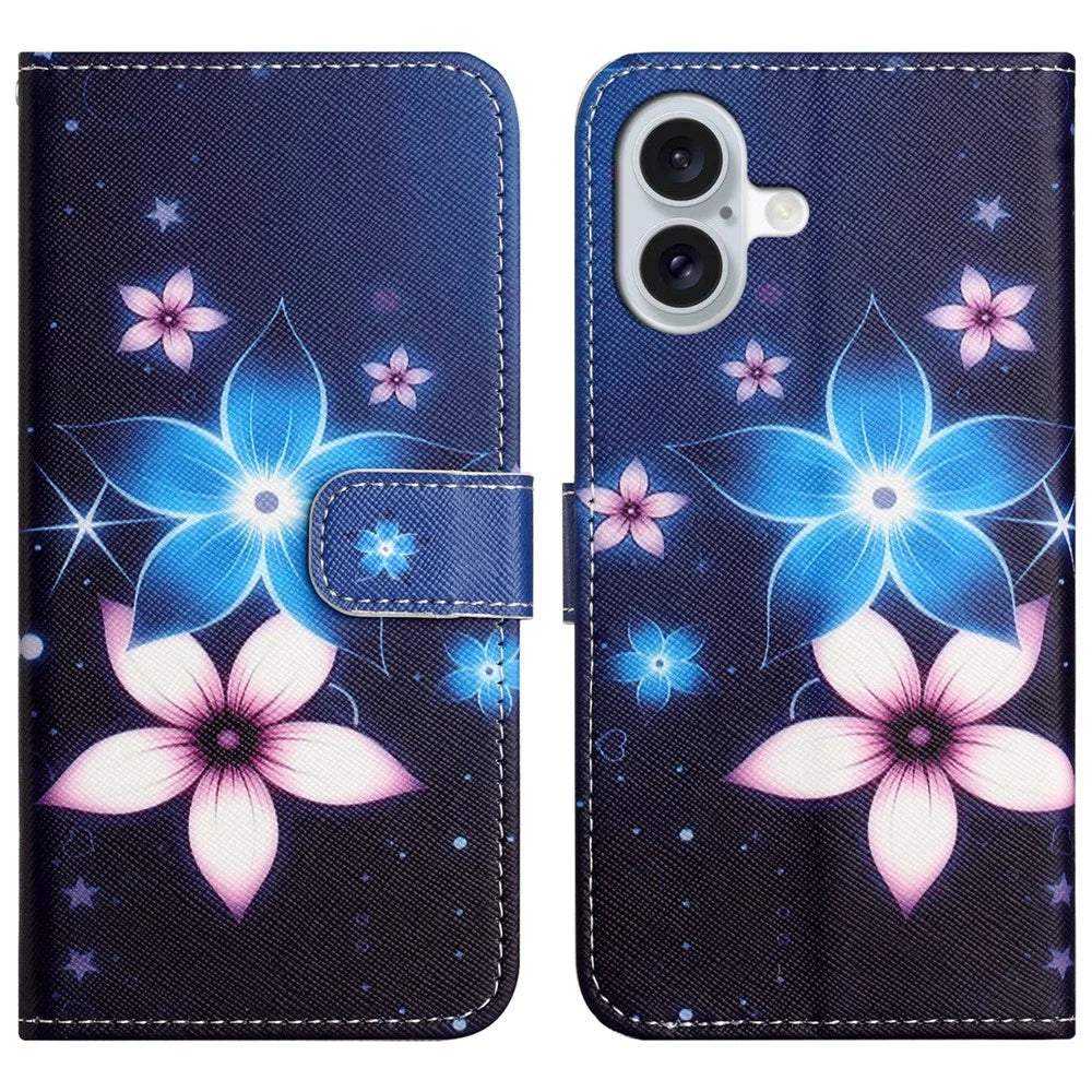 For iPhone 16 Case Pattern Print PU Leather Wallet Phone Cover Cross Texture - Blue Flower - 1