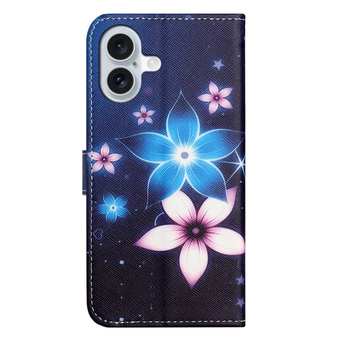 For iPhone 16 Case Pattern Print PU Leather Wallet Phone Cover Cross Texture - Blue Flower - 5