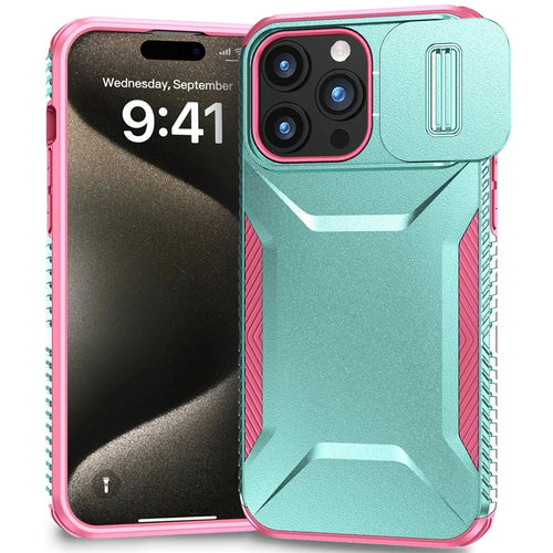 For iPhone 15 Pro Case Anti-Slip PC+TPU Phone Cover with Slide Camera Guard - Green  /  Pink - 1