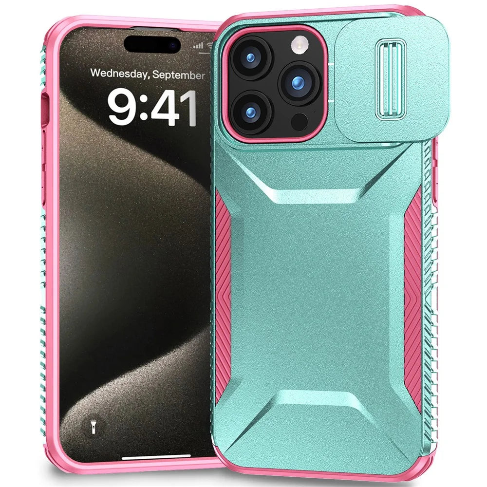 For iPhone 15 Pro Case Anti-Slip PC+TPU Phone Cover with Slide Camera Guard - Green  /  Pink - 1