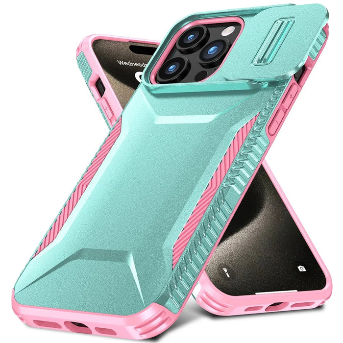 For iPhone 15 Pro Case Anti-Slip PC+TPU Phone Cover with Slide Camera Guard - Green  /  Pink - 2