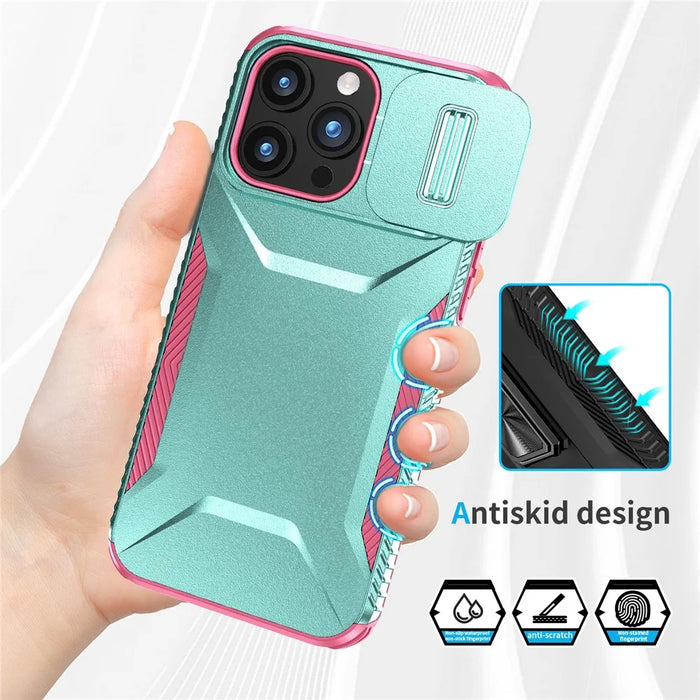 For iPhone 15 Pro Case Anti-Slip PC+TPU Phone Cover with Slide Camera Guard - Green  /  Pink - 4