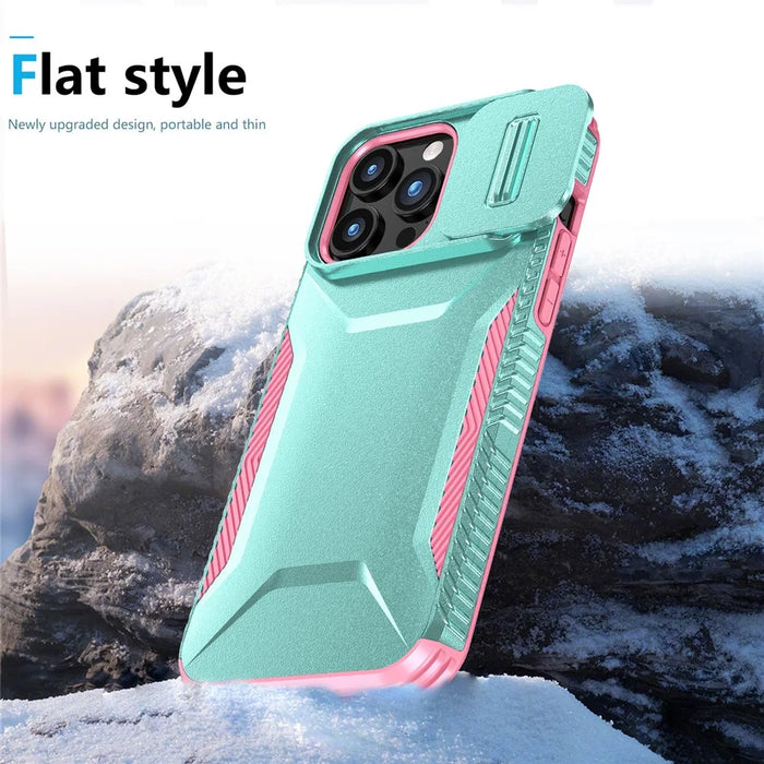 For iPhone 15 Pro Case Anti-Slip PC+TPU Phone Cover with Slide Camera Guard - Green  /  Pink - 5
