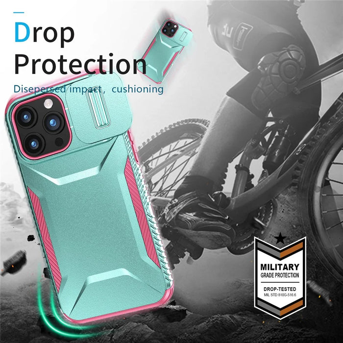 For iPhone 15 Pro Case Anti-Slip PC+TPU Phone Cover with Slide Camera Guard - Green  /  Pink - 7