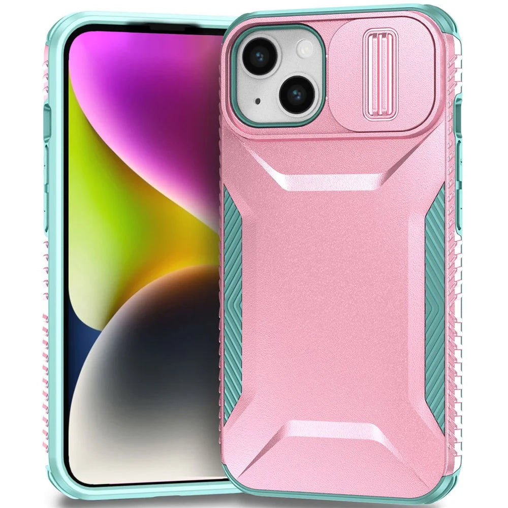 For iPhone 15 Case PC+TPU Anti-Slip Phone Cover with Slide Camera Lid - Pink / Green - 1