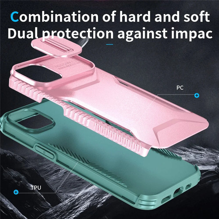 For iPhone 15 Case PC+TPU Anti-Slip Phone Cover with Slide Camera Lid - Pink / Green - 3