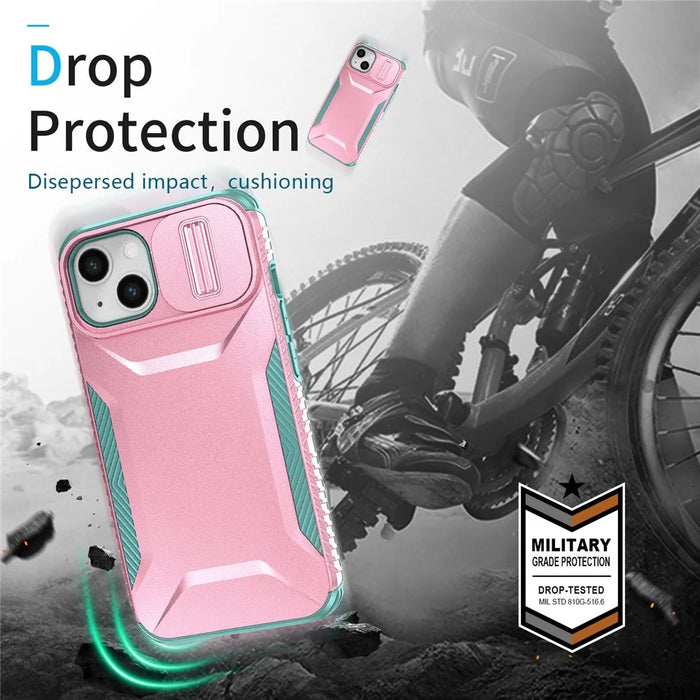 For iPhone 15 Case PC+TPU Anti-Slip Phone Cover with Slide Camera Lid - Pink / Green - 4