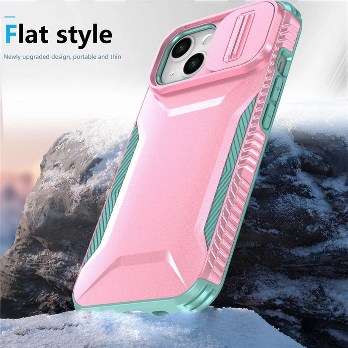 For iPhone 15 Case PC+TPU Anti-Slip Phone Cover with Slide Camera Lid - Pink / Green - 5