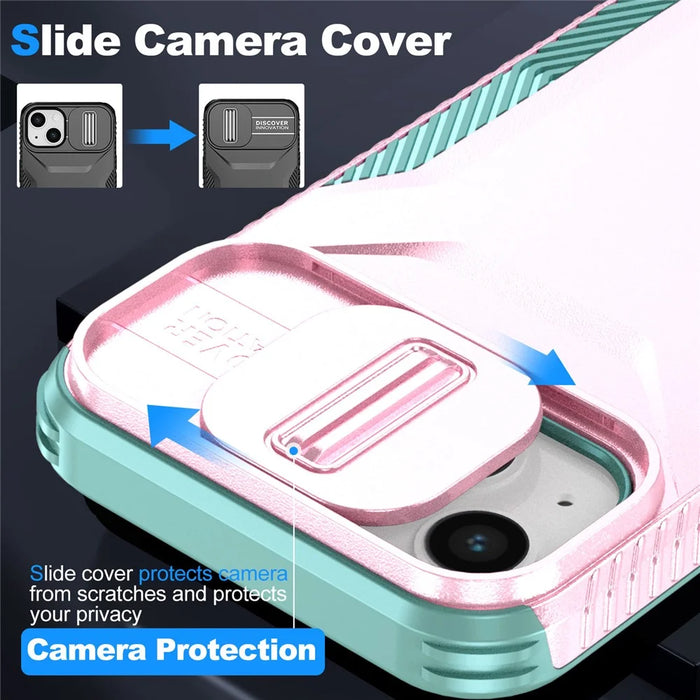 For iPhone 15 Case PC+TPU Anti-Slip Phone Cover with Slide Camera Lid - Pink / Green - 6