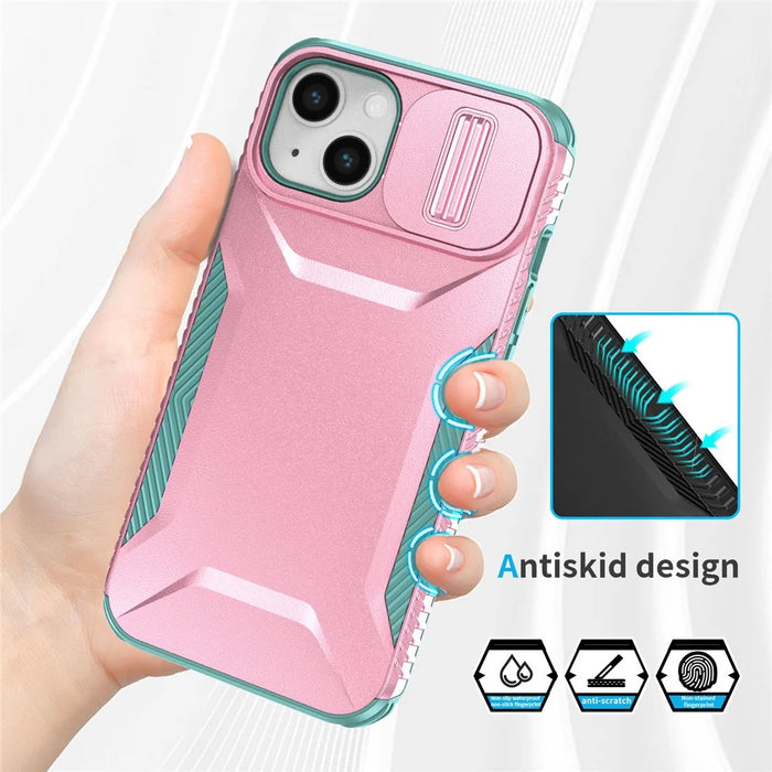 For iPhone 15 Case PC+TPU Anti-Slip Phone Cover with Slide Camera Lid - Pink / Green - 7
