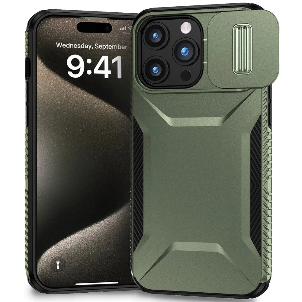 For iPhone 15 Pro Max Case Shockproof PC+TPU Phone Shell with Sliding Camera Cover - Green - 1