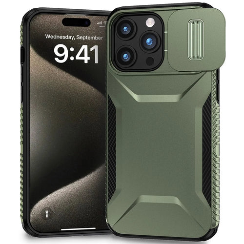 For iPhone 15 Pro Max Case Shockproof PC+TPU Phone Shell with Sliding Camera Cover - Green - 1
